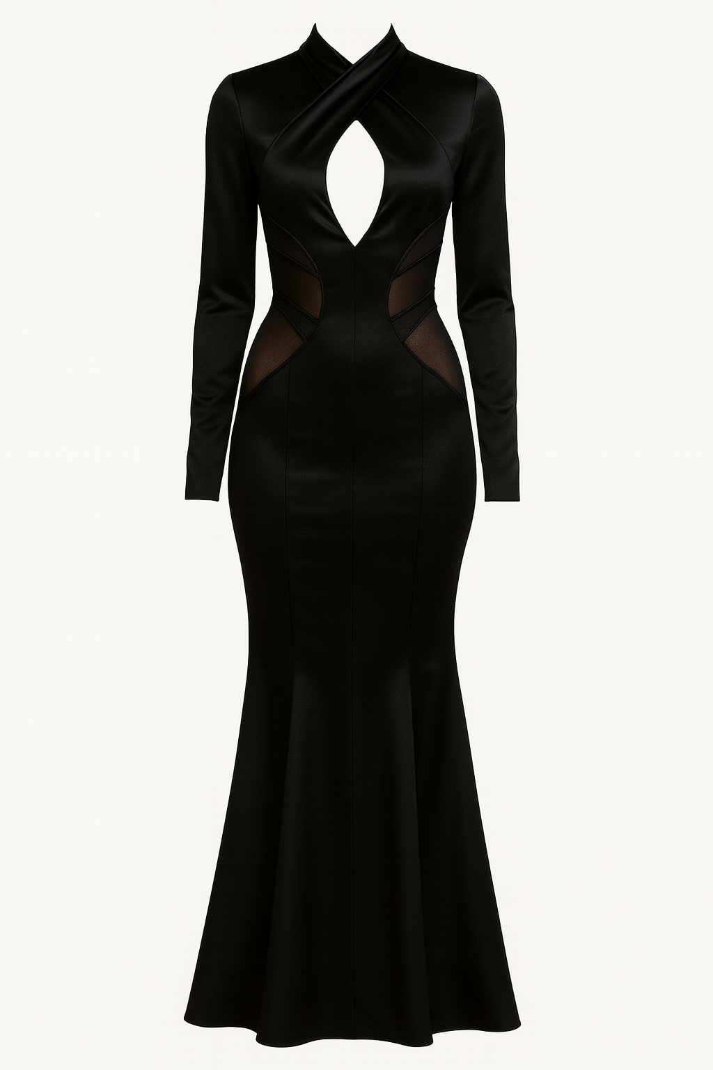 Long-Sleeve Silk Gown with Mesh Panels